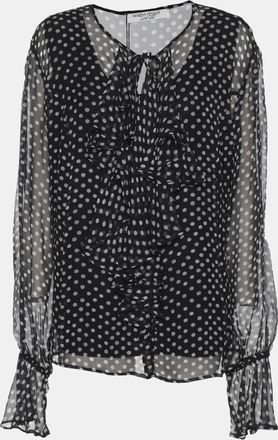Marina Rinaldi Dark Grey Polk Dots Print Chiffon Ruffle Neck Tops