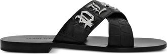 Philipp Plein logo-plaque leather sandals - men - Calf Leather/Calf Leather/Calf Leather/Goat Skin/Zinc - 39 - Black