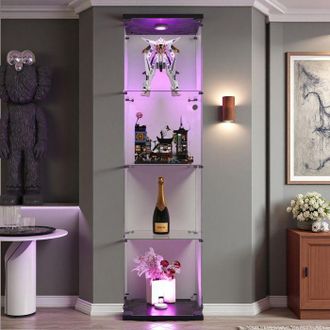 OEM Vitrina De Vidrio, Con Led, 4 Estantes, Armario De Exhibici&oacute;n Para Sal&oacute;n, Para Colecci&oacute;n, 164 X 42 X 36cm, Negro