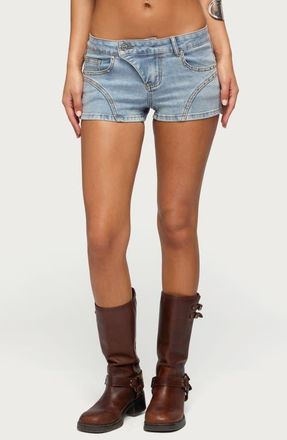 Edikted Studded Western Low Rise Denim Shorts in Blue at Nordstrom, Size X-Small