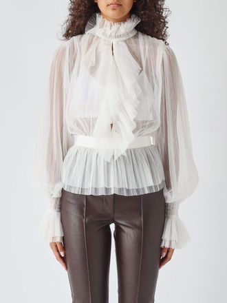 Elisabetta Franchi Blusa in tulle trasparente con collo a rouches e maniche a palloncino