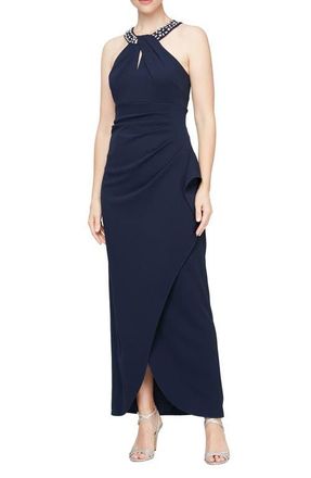 S.L. Fashions Crystal Embellished Halter Neck Sleeveless Tulip Maxi Dress in Navy at Nordstrom, Size 16