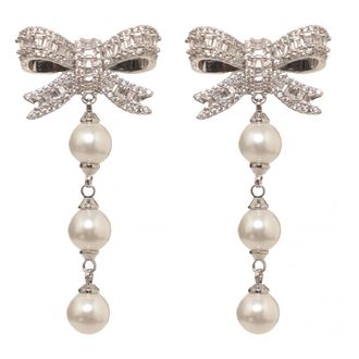Self Portrait Accessoires, Dames, Grijs, ONE Size, Oorbellen met Kristallen Strik en Pareldruppel