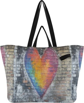 Generic White Horse Blue Wall Heart Rainbow Beige pattern Reusable Canvas Tote Bag, Heavy Duty Grocery Shopping Bag with Hard Bottom Large Capacity Double Han