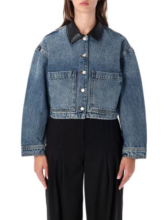 Anine Bing Yuma Boxy Cropped Leather Collar Denim Jacket