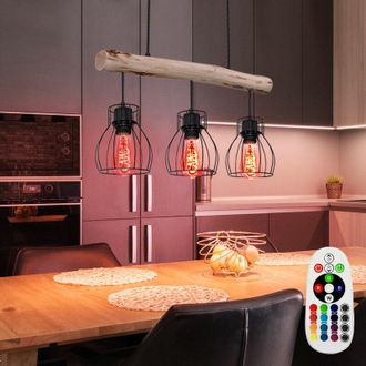 ETC Shop Retro plafoniera a pendolo con trave in legno telecomando Lampada dimmerabile in un set di lampadine led rgb