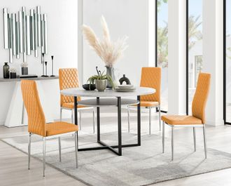 Furniturebox Adley Grey Concrete Effect Round Dining Table & 4 Milan Chrome Leg Faux Leather Chairs in Mustard