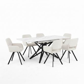 Urban Meuble Mesa de comedor extensible efecto m&aacute;rmol y 6 sillas giratorias beige
