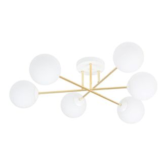 Wonderlamp Plaf&oacute;n de techo elegante blanco con 3 barras doradas y 6 esferas
