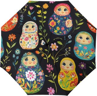 Generic Russian Nesting Dolls Flowers Three Folding Umbrella Portable Automatic Manual Windproof Anti UV Rainbrella for Men Women