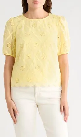 Nanette Lepore Embroidered Eyelet Short Sleeve Top in Yellow at Nordstrom Rack, Size X-Large