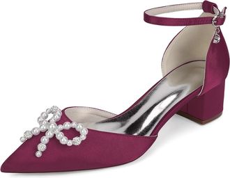 Generic Women Satin Bridal Shoes Pointed Toe Low Chunky Heels Pearls Pumps Wedding Shoes Evening Party Dress Shoes 4.5Cm,Burgundy,10 UK