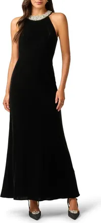 Adrianna Papell Beaded Neck Sleeveless Velvet Gown in Black at Nordstrom, Size 16