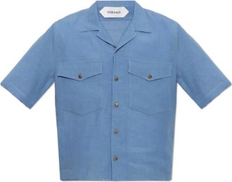Versace Linnen Relaxed Shirt - Heren - Korte mouwen Overhemden - Blauw - L - Linnen - Overhemden