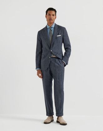 Brunello Cucinelli Mens Denim Wool Silk Checked Suit, Size 50