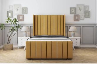 Sloomy Melbourne Plush Bed Frame With 50 Upholstered Wingback Headboard in Mustard | Size: Small Double