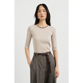 Brunello Cucinelli Ribbed jersey top in Beige at Nordstrom, Size Xx-Small Eu