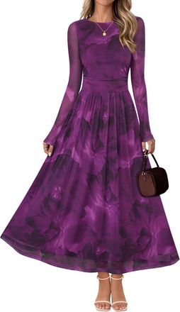 Merokeety Womens Long Sleeve Fall Wedding Guest Dress 2025 Crewneck Floral Flowy Mesh Cocktail Maxi Dresses, Purple, S