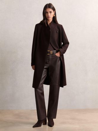 Reiss Chocolate Brown Petite Wool-blend Wrapover Mid-length Coat, 4