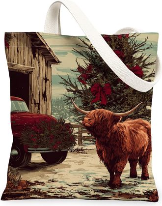 Generic Winter Rustic Highland Cow Canvas Tote Bags, Vintage Animal Design Reusable Grocery Bags, Holiday Lightweight Washable Shou, Brown, 13x15 Inch