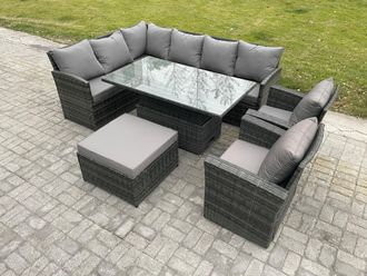 Fimous Outdoor Garden Furniture Set Wicker PE Rattan Height Adjustable Rising Lifting Table Sofa Dining Set with Big Footstool 2 Armchairs