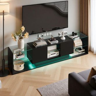 OEM Mueble De Tv 200 Cm, Led Rgb, 2 Cajones, Sin Manija, Vidrio Templado Y Madera, Sal&oacute;n, 200 X 35 X 45 Cm, Negro