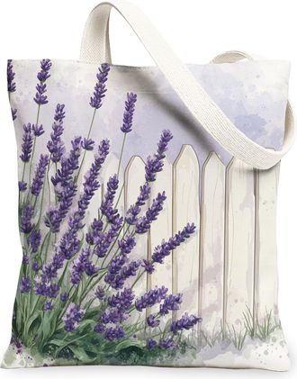 Generic Spring Lavender Fence Flower Canvas Tote Bag for Shopping 13x15, Farmhouse Cute Floral Reusable Grocery Print Bag for Women, Fun Country Beach Aesthet