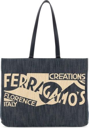 Ferragamo Blue Denim Large Tt Sign Shopping Bag