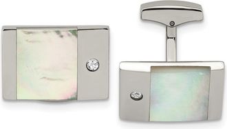 Diamond2Deal Stainless Steel Polished Mother of Pearl with Cubic Zirconia Rectangle Cufflinks