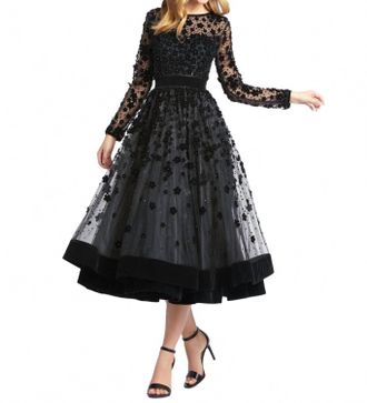 Mac Duggal Long Sleeve Tea-Length Formal Dress In Black