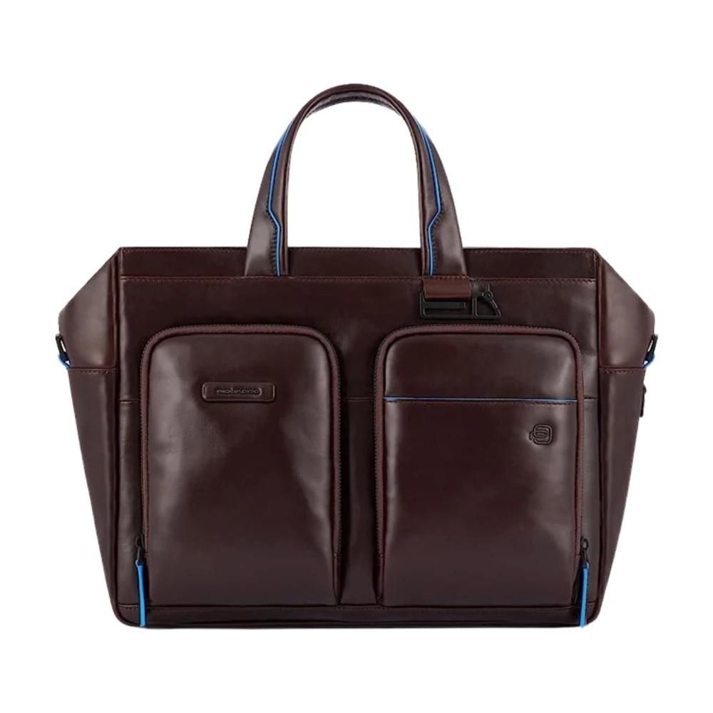Sacoche Homme Piquadro Neuve En Cuir Marron Avec Inserts Bleus - Style Cartable, Emballée Avec étiquettes