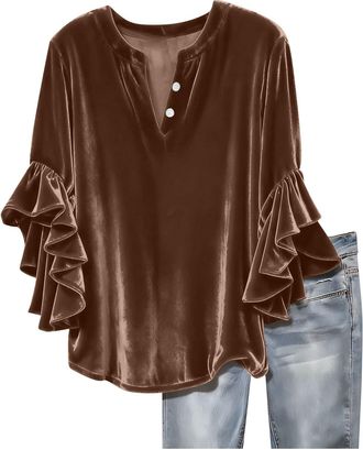 Generic Womens Velvet Tops 3/4 Sleeve Length Shirts Elegant Crew Neck Solid Blouse Fall Classic Three Quarter Sleeve Shirts Puff Lightweight Tops Ladies Casua