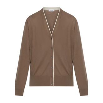 Versace Cardigans, female, Brown, Size: 2XS Wool Cardigan With Embroidered Logo
