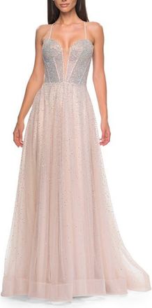 La Femme Prom Gown with Rhinestone Tulle and Illusion Corset Bodice in Blush at Nordstrom, Size 10