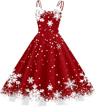 Generic Christmas Dresses for Women UK V-Neck Spaghetti Strap 1960s Retro Dresses Xmas Graphic Print Dress Winter Casual A-line Swing Dress Christmas Prom Coc