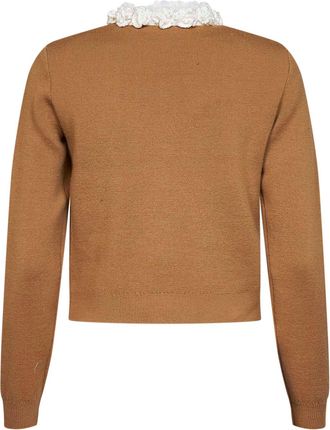 Self Portrait Womens Cardigan Embellished Wool-Blend Knit Camel Cardigans Sweater