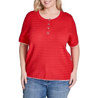 Karl Lagerfeld Short Sleeve Cotton Blend Sweater in Apple Red/Soft White at Nordstrom, Size 1X