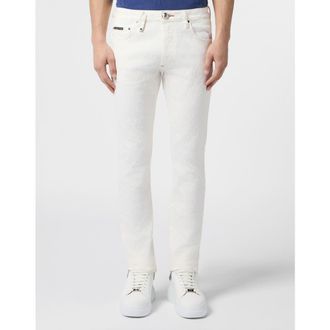 Philipp Plein Super Straight Cut Jeans Embroidery Monogram Men in Snowcaviar at Nordstrom, Size 30
