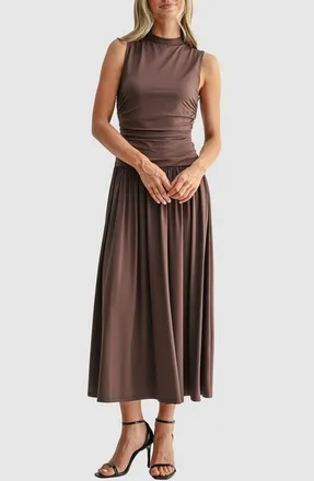 Mila Mae Ruched Mock Neck Drop Waist Fit & Flare Midi Dress in Brown at Nordstrom, Size X-Small