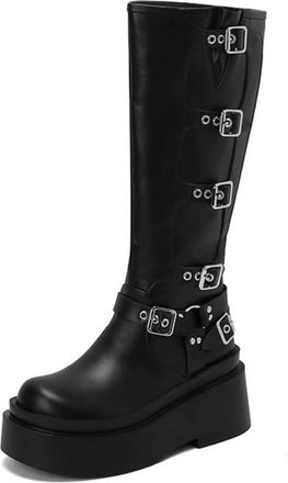 Generic Womens Patent Leather Platform Boots with Buckle Round Toe Knee High Boots Block Heel Gothic Punk Boot,Black2,2.5 UK