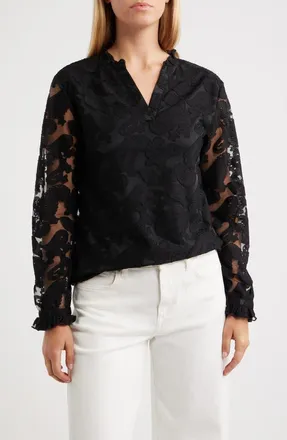 Nikki Lund Kang Lace Appliqu&eacute; Split Neck Top in Black at Nordstrom, Size X-Large