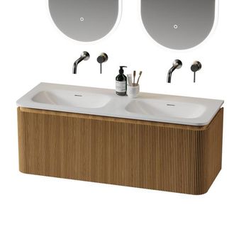Royal Plaza Terra Edge Badkamermeubelset - 120x44.7x46cm - solid surface wastafel wit mat - 2 wasbakken - zonder kraangaten - 2 lades - sandwood (licht eiken)