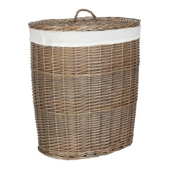 Red Hamper Antique Wash White Cotton Lined Oval Willow Laundry Basket in Brown | Size: Large