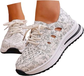 Generic Womens Trainers Lightweight Breathable Cut Out Lace Mesh Trainers with Wedge Heel Running Shoes Non-Slip Trainers Summer Shoes Outdoor Walking Shoes L