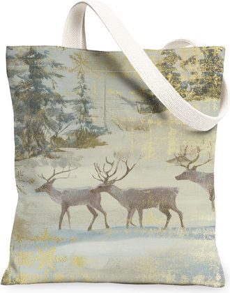Generic Winter Reindeer Canvas Tote Bags, Rustic Animal Pattern Reusable Grocery Bags, Lightweight Washable Shoulder Strap Canvas F, Light Blue, 13x15 Inch