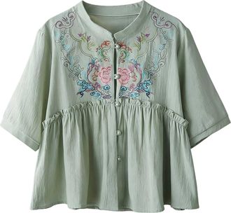 Generic Womens V-Neck Cotton and Linen Blouse - Embroidered Pullover Shirt for Spring Summer Casual Fashion Loose Fit Office Work Top Comfortable Business Ver