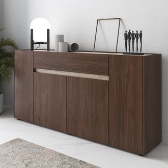 Dmora Credenza Cirimido, Mueble Un Caj&oacute;n, Puerta Batiente, Corredera, 4 Puertas, 170x40x85h Cm Marr&oacute;n Nogal