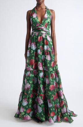 Carolina Herrera Hydrangea Tiered Silk Halter Neck Gown in Racing Green Multi at Nordstrom, Size 12