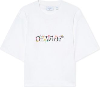 Off-white Cropped Cotton T-Shirt With Floral Print And Relaxed Fit