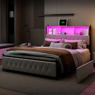 OEM Estructura De Cama 160x200 Cm Terciopelo Beige - Led Conectada, 4 Cajones, 2 Puertos De Carga (usb+type-c)